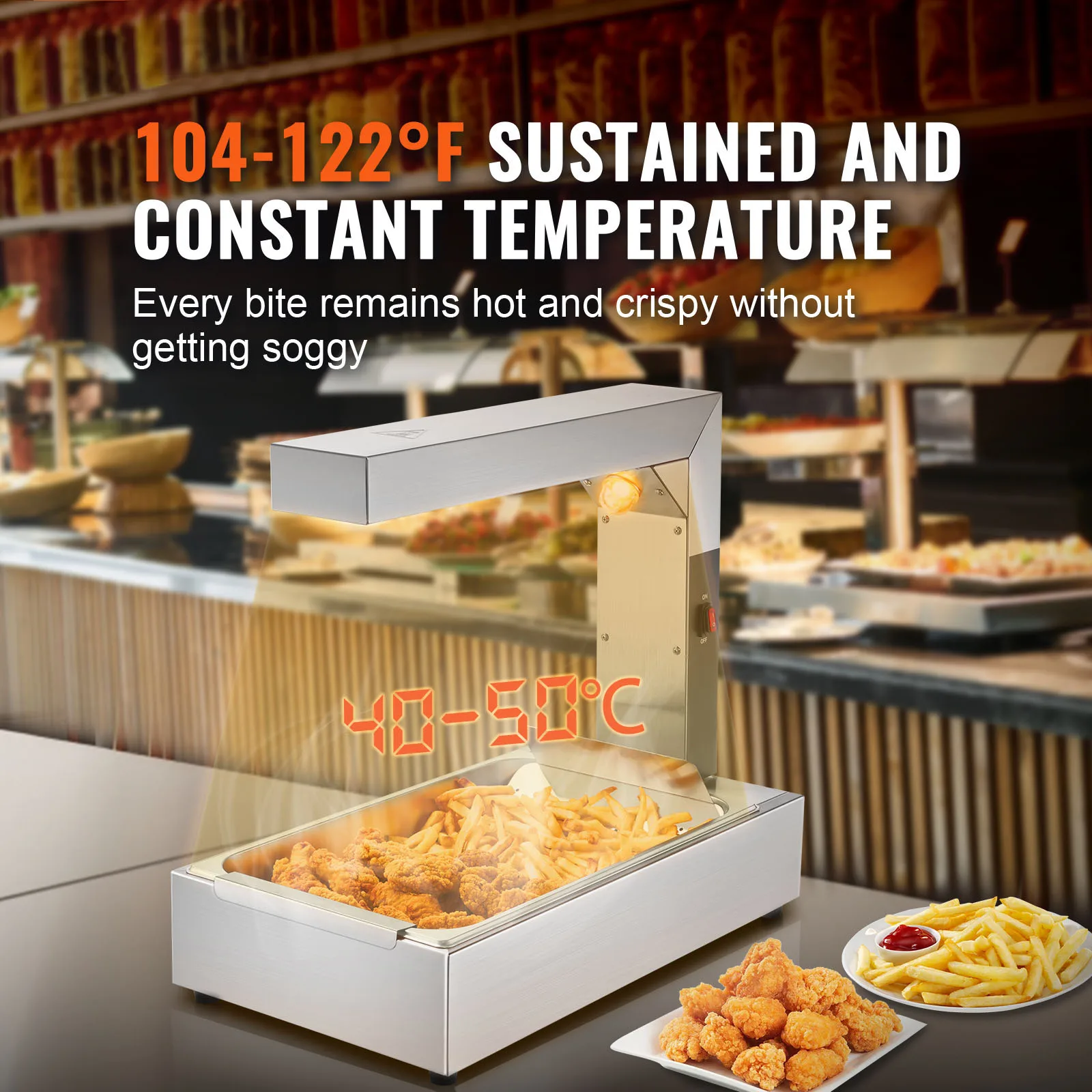 VEVOR French Fry Food Warmer Commercial Food Heating Lamp Electric Stainless Steel Countertop for Chip Buffet Kitchen Restaurant