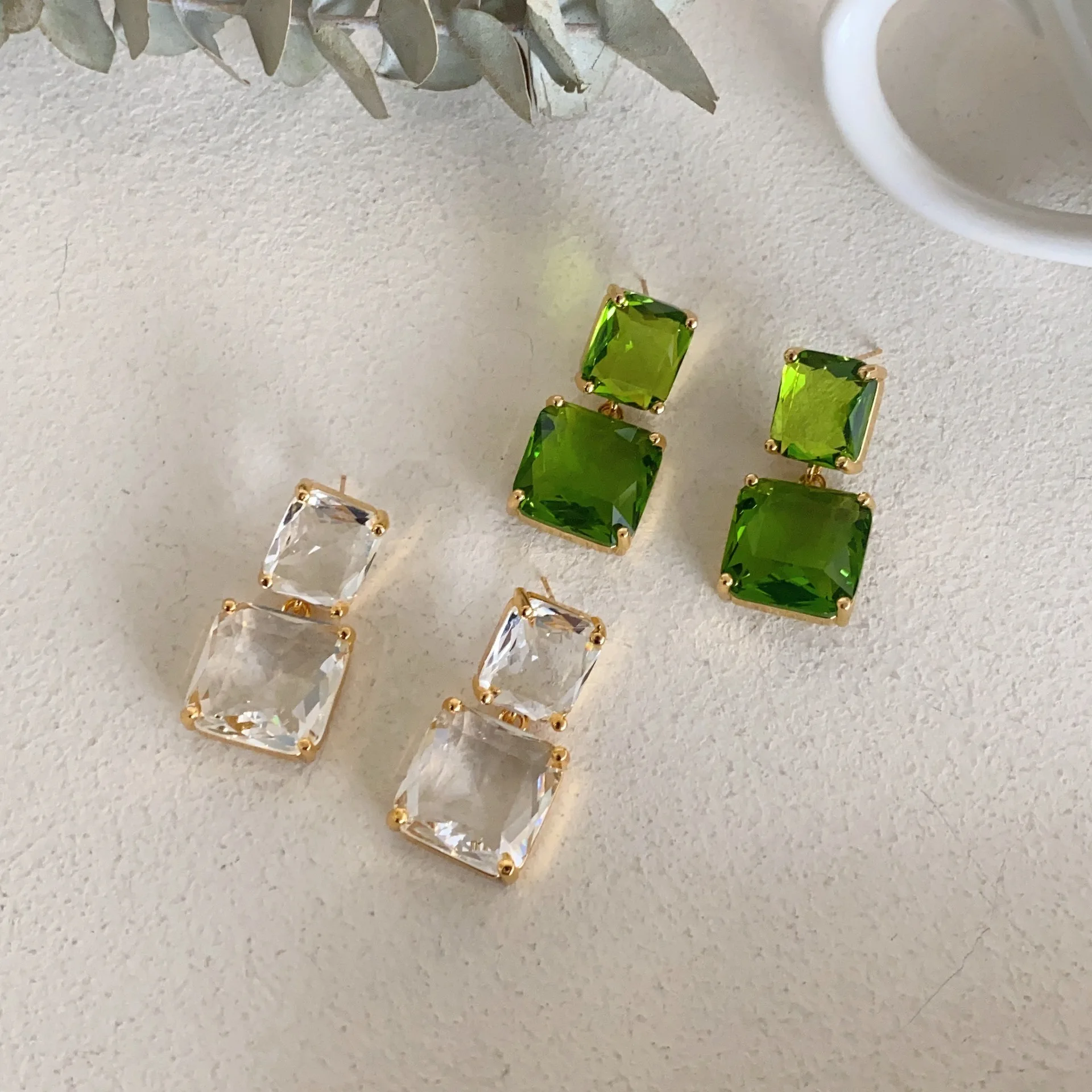 Vintage Fashion Big Square Green Crystal Drop Earrings for Women Jewelry Gift Coloured Glaze Eardrop Bride Party Accessories INS