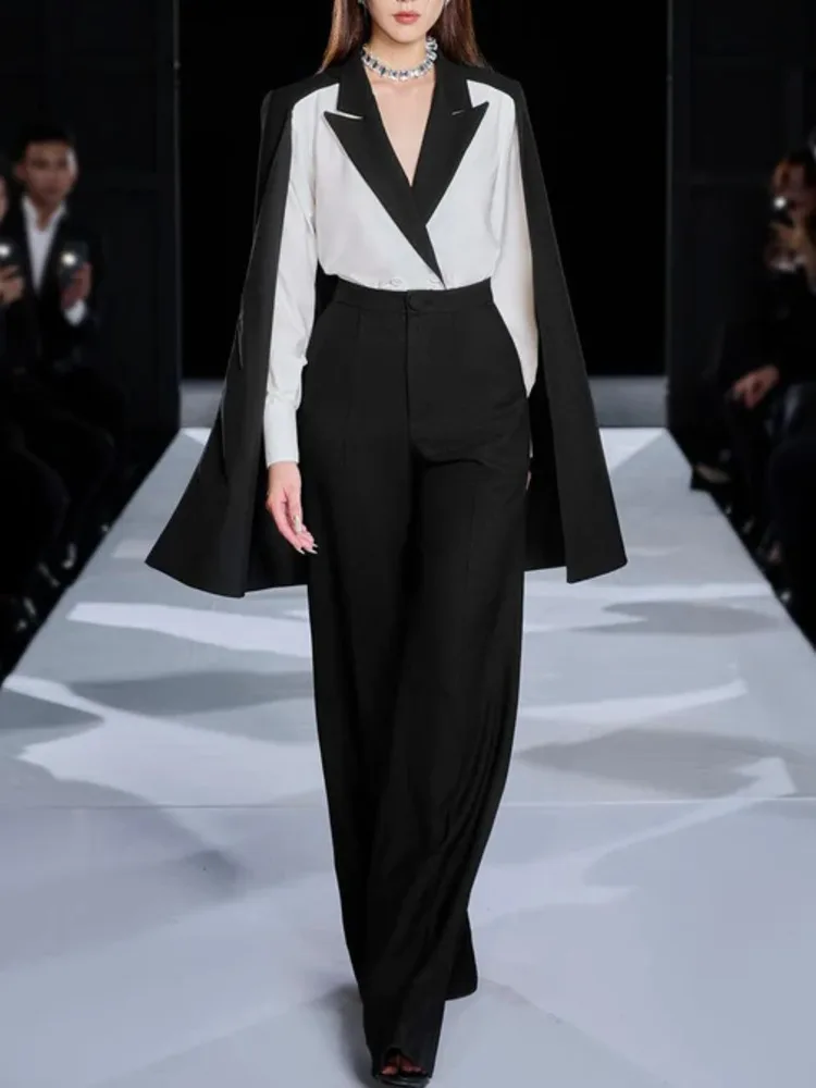 DEAT 2024 Autumn Elegant 2 Pcs Set Contrast Color Lapel Cloak Top High Waist Solid Straight Pants Women's Suits  New 35Z1047 image 3