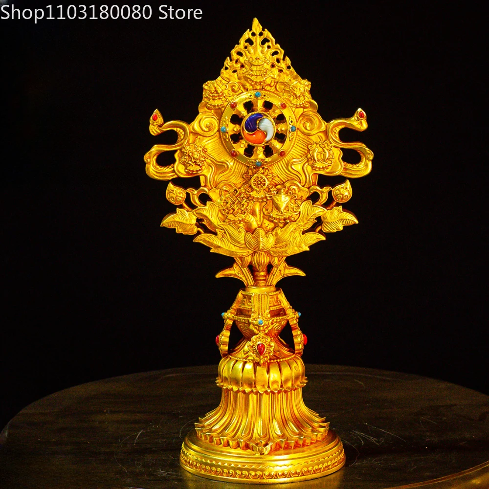 Copper gilding carving Eight auspicious things buddha statue Tibet Nepal eight treasures sculpture Lucky decor Large 30cm,21cm