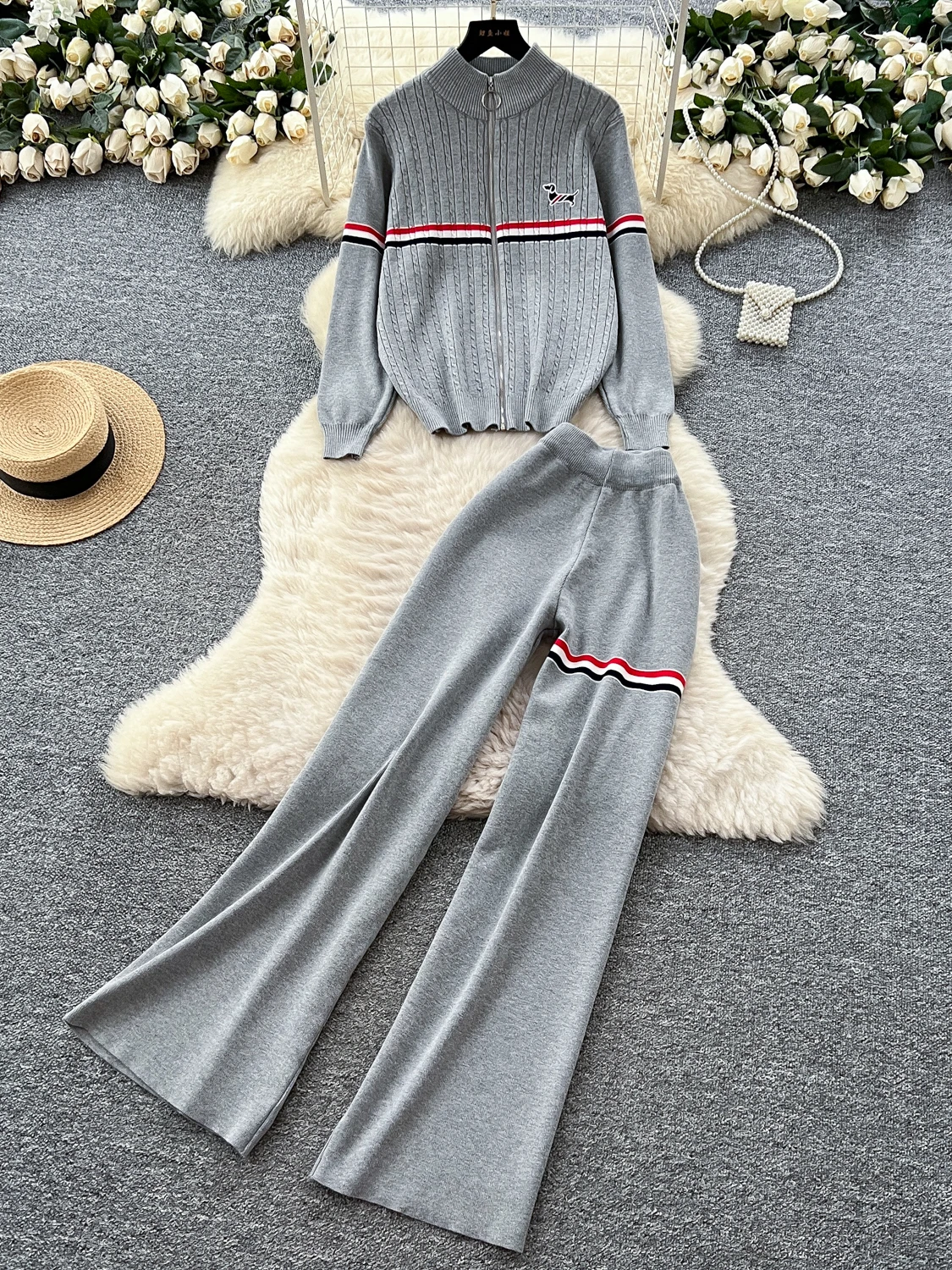 

High Waist Wide Leg Pants Women's Autumn Outfit Sweet Embroidery Stand Collar Long Sve Knitted Top Casual Faion Set