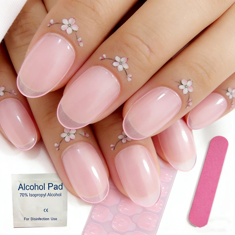 Sheer Pink Nude Press On Nails With Shimmer Finish Natural French Tip Fake Nails Cherry Blossom Pattern Manicure Tips For Women