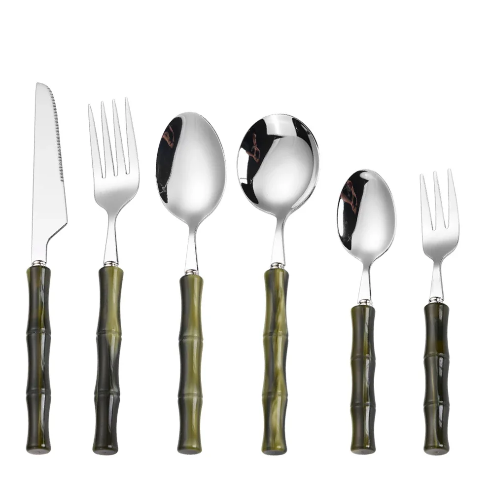 

Набор столовых приборов из 6 предметов: ножи, вилки, ложки с зелеными акриловыми ручками, из нержавеющей стали, для дома и кухни