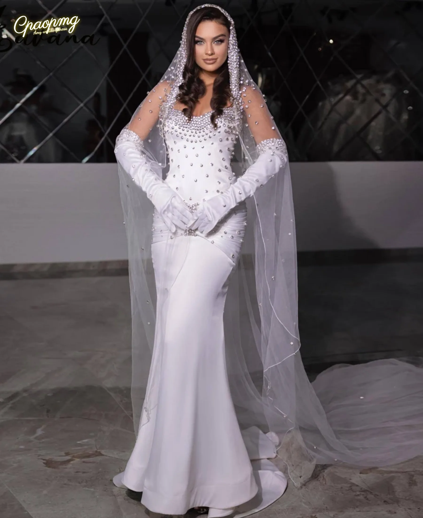 Customized Luxurious Mermaid Evening Dress for Women Strapless Rhinestones Pleat Satin Engagement Gown Vestidos De Festa