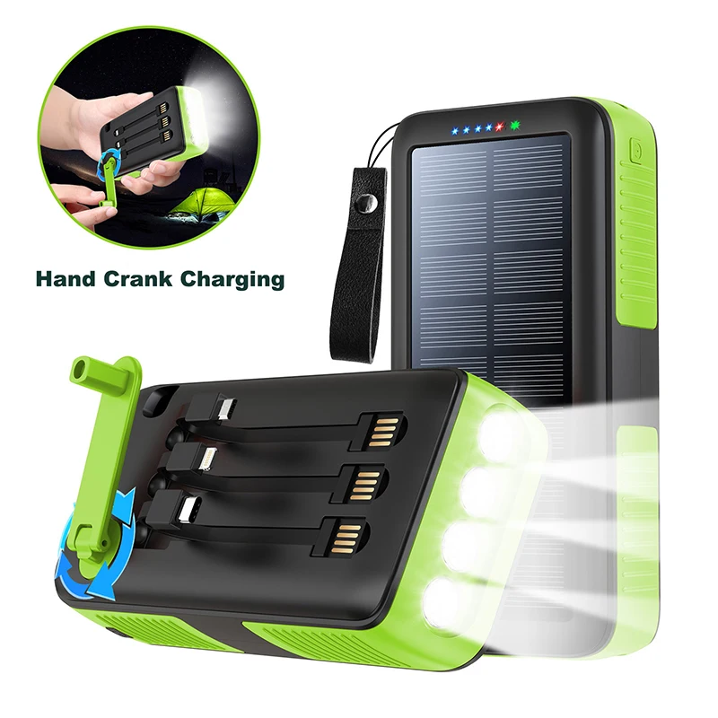 

61200mAh Hand Crank Solar Power Bank with Cables Light External Battery Fast Charger Powerbank for iPhone Samsung Xiaomi Huawei