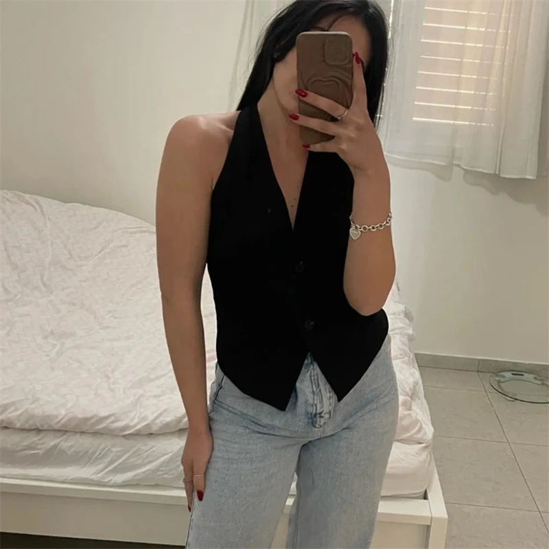 

Off Shoulder Sleeveless Vest Women Black White Cropped Vest Woman Fashion Backless V Neck Short Coats Summer Waistcoat