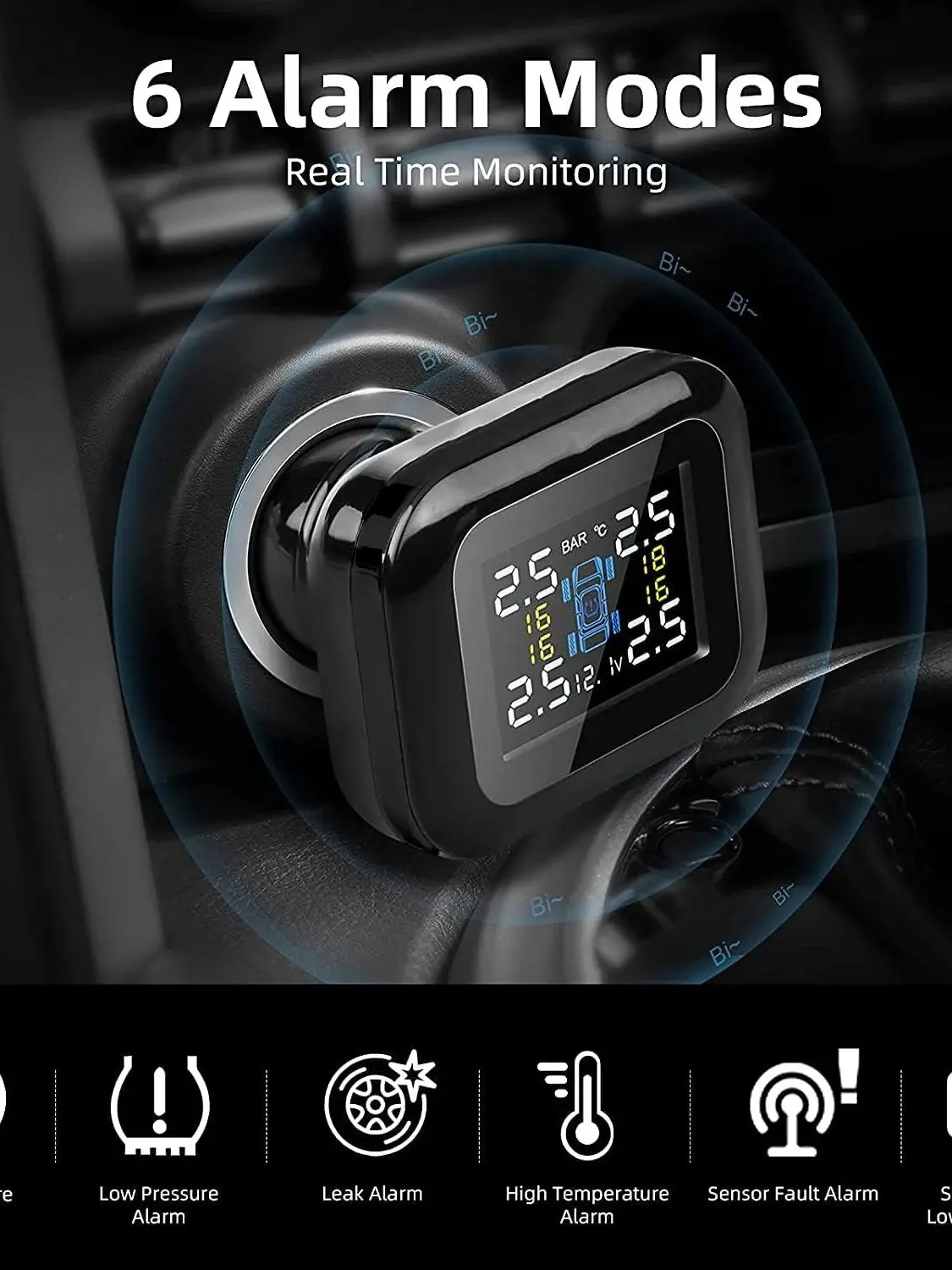 Car TPMS Tire Pressure Monitoring System Car Cigarette Lighter Alarm Tire Pressure Gauge Temperature Warning with 4 Sensors ATV