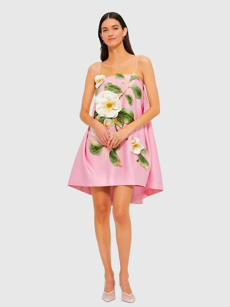 

Heavy embroidery flower-patterned sexy halter dress 2025 summer women's dress, fashionable loose, wide-hem puffy skirt