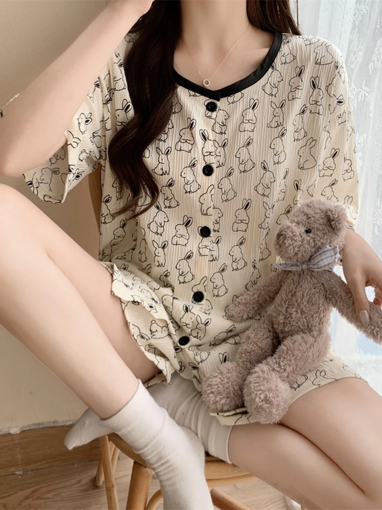 

Cute Rabbit Sleepwear Women's Short Sleeve Shorts Sweet Girl Nightgown Home Clothes Summer Set Cartoon Print round Neck Pullover