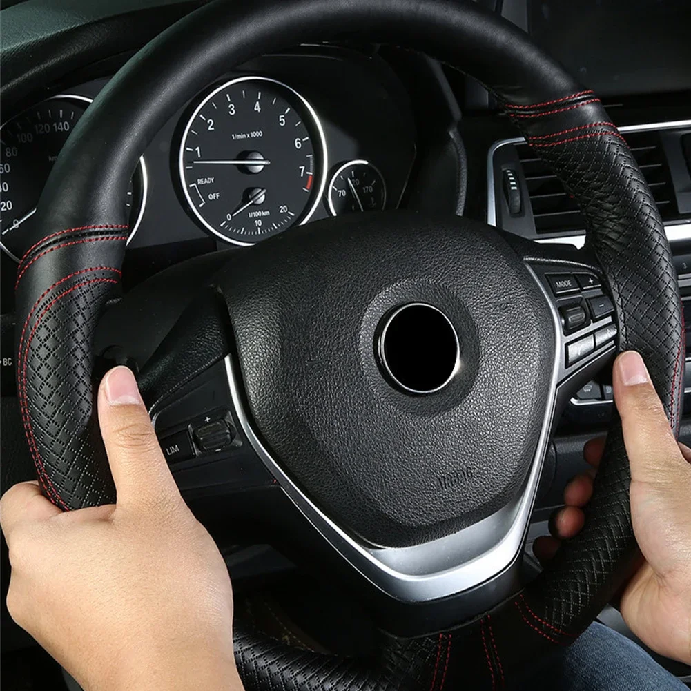 38cm Top Genuine Leather Car Steering Wheel Braid Cover Breathable Design Anti-Slip Embossing Car-styling With Needles Thread