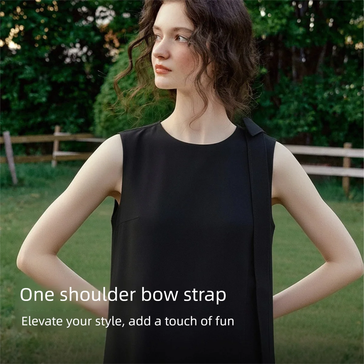 OLrain French One Shoulder Bow Tie Straight Women's Dress 2026 Summer Simple Office Crew Neck Sleeveless Mini Dress O58XL005680
