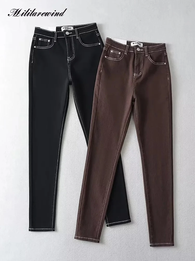 Calça lápis de cintura alta para mulheres, jeans casual e magro, jeans elásticos, streetwear preto e café