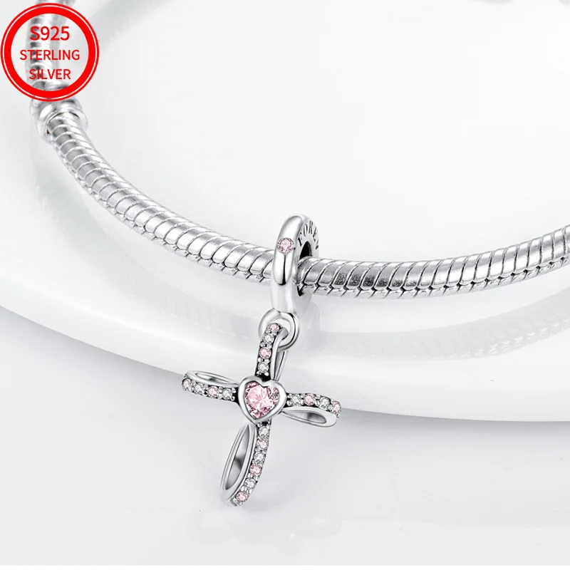 قلادة من الفضة الإسترليني عيار 925 متقاطعة من الزركونيوم الوردي، مناسبة لأساور نسائية أصلية هدايا مجوهرات ذاتية الصنع