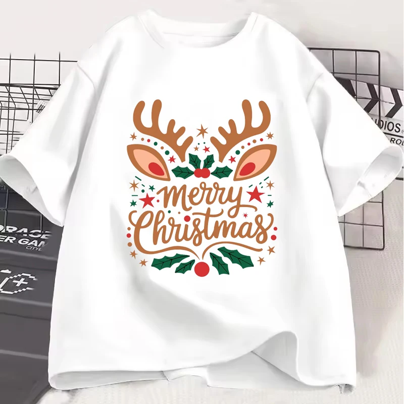 

Retro Merry Christmas Reindeer Pattern Men Women T-shirt Printed Letter Print Unisex Tee Casual Loose Street Fashion Clothing