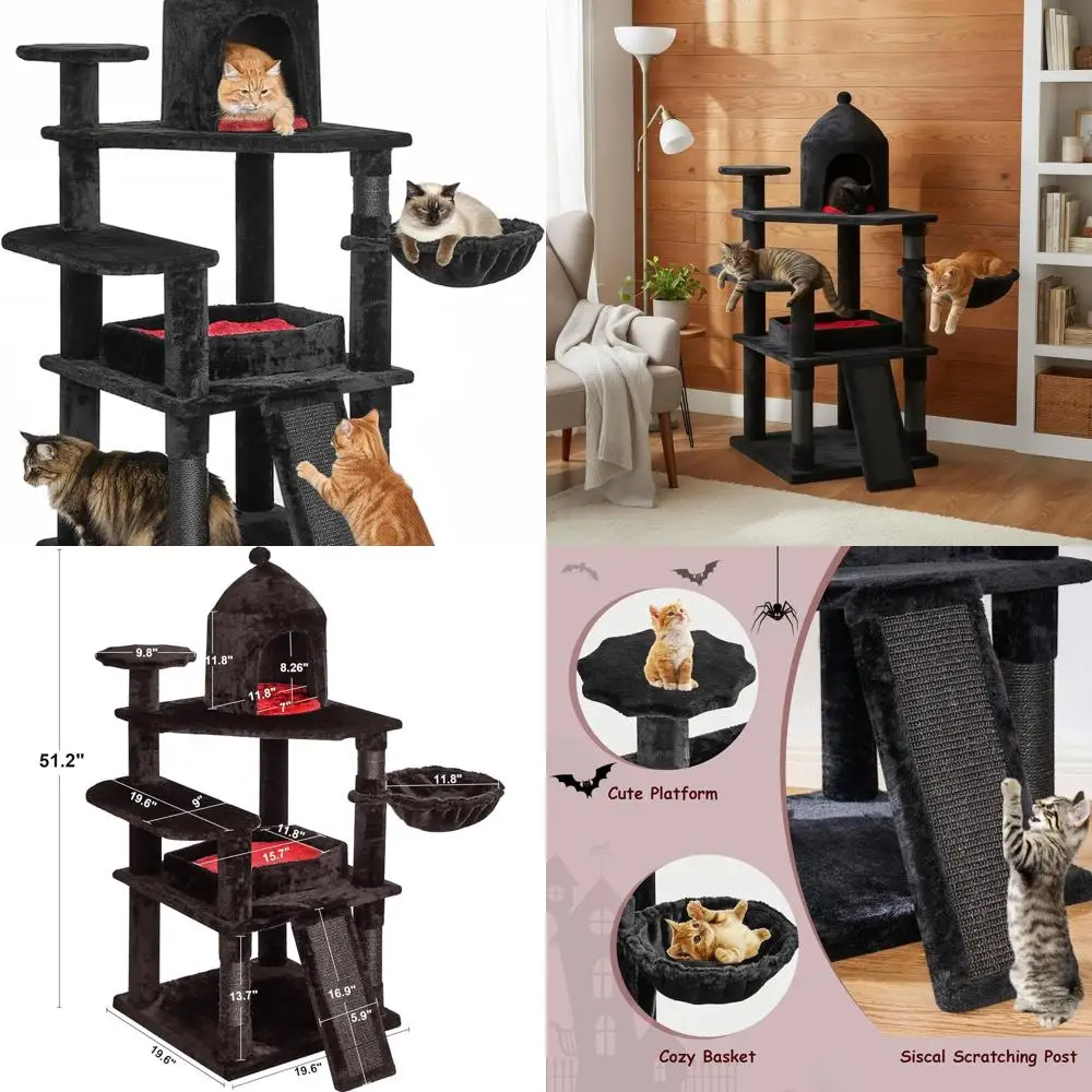 

Sturdy 51 Gothic-Style Cat Tower with Coffin Bed and Scratching Post for Indoor Play, Suitable for Adult Cats and Kittens in Bla