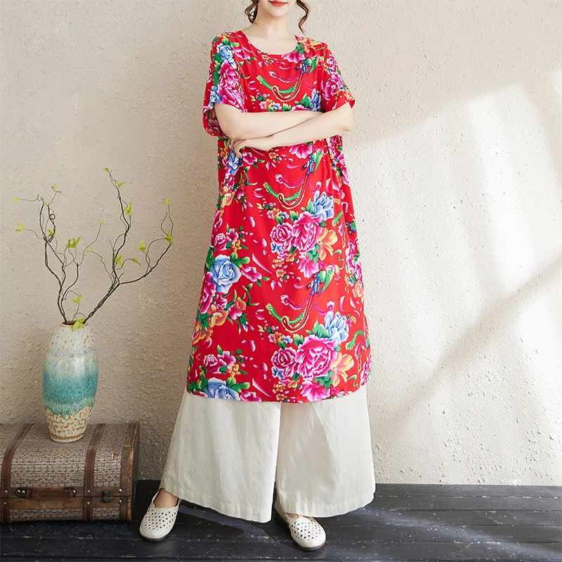 

Slimming Summer New Style Thin Cotton Silk Northeast Flower Artistic Knee-Length Midi Dress for plus Size Women Short Sleeve
