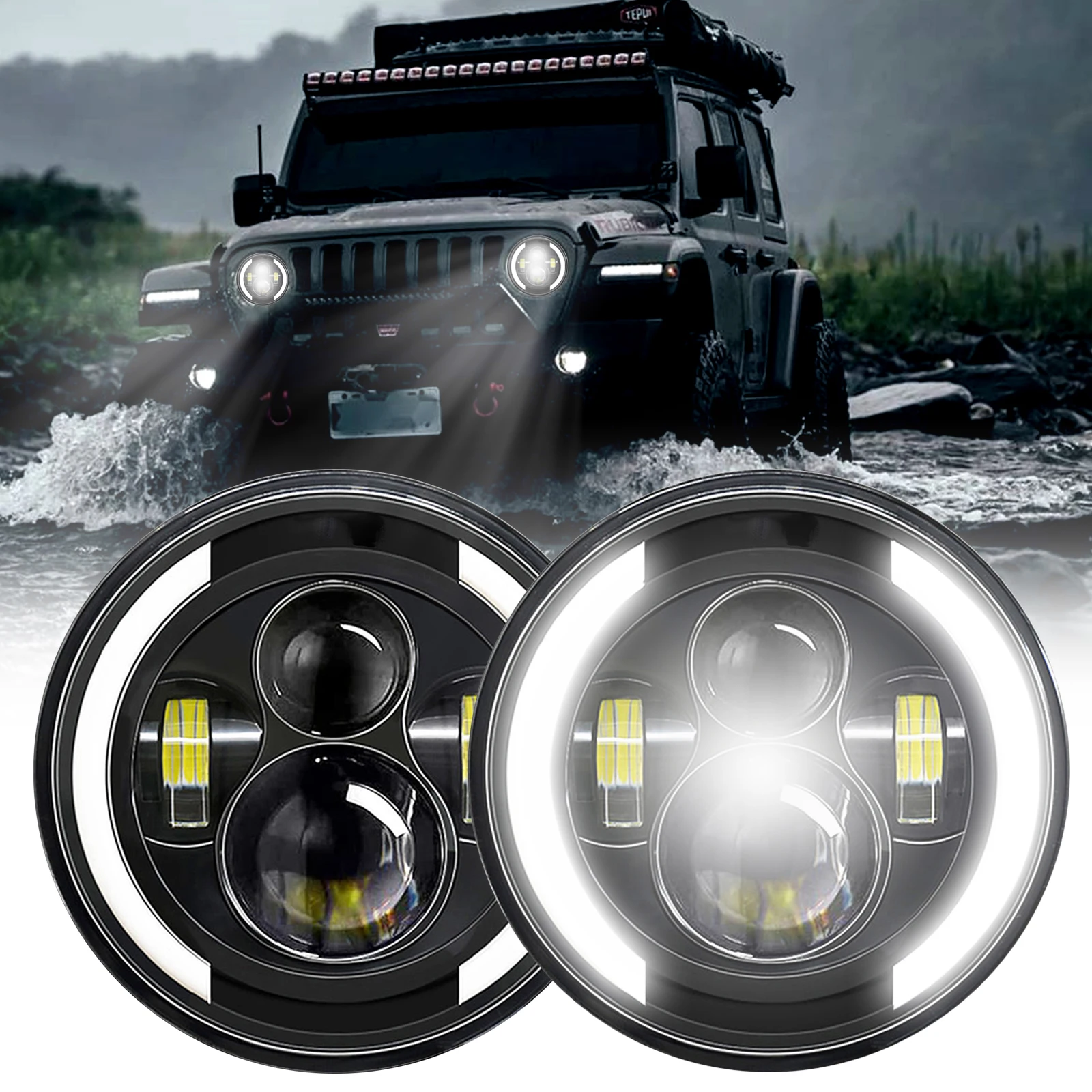 

1-2Pcs 7 inch Car Motorcycle LED Headlight with Low Beam/High Beam/DRL/Turn Signal 7'' Round Headlight 6000K 100W Replacement