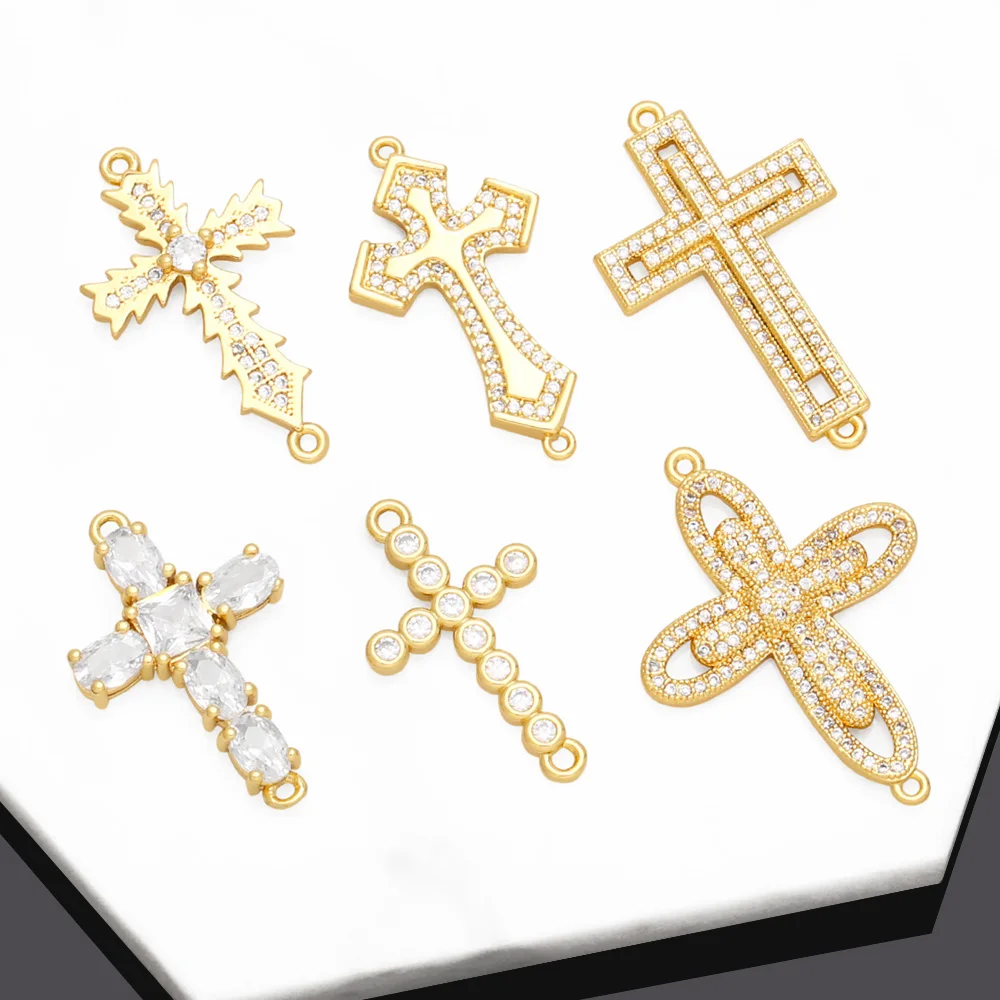 OCESRIO White Crystal Big Cross Charms For Bracelet Copper Gold Plated Crucifix Handmade DIY Jewelry Making Supplies Chma225