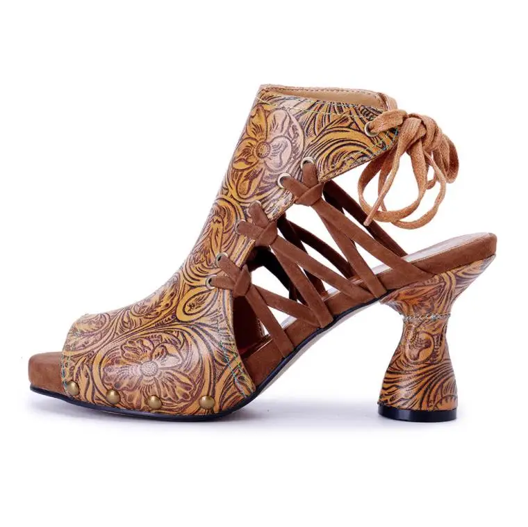 Merek Tinggi 7.7CM Kulit Domba Wanita Etnis Musim Panas Hak Tebal Ukuran Besar Peep Toe Pompa Diikat Silang Sandal Sepatu Mokasin