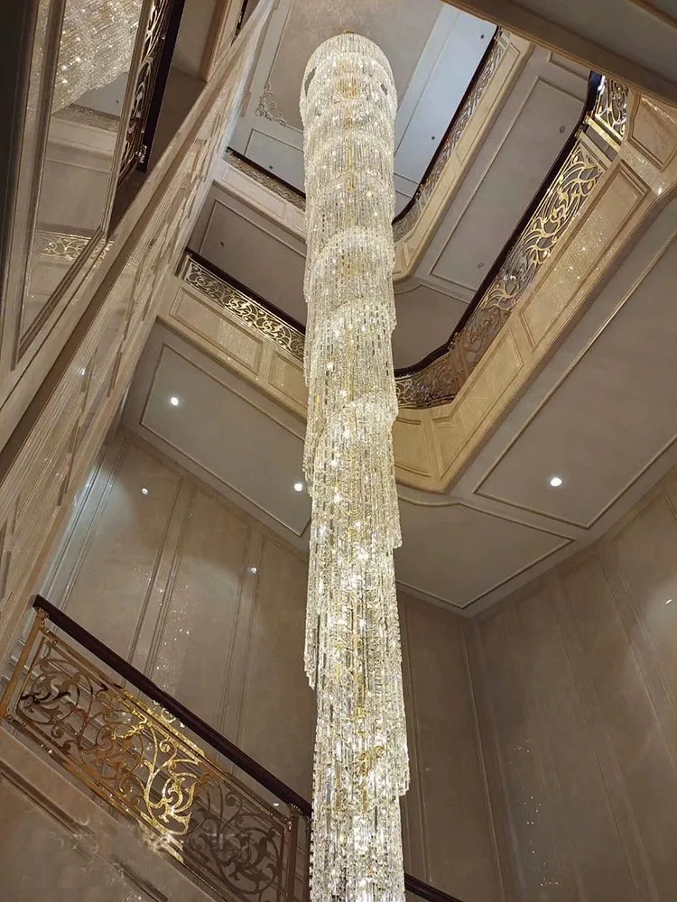 Candelabro de cristal de lujo con diseño de cascada, colgante de techo largo para escalera grande, sala de estar, Loft, Villa, vestíbulo, entrada