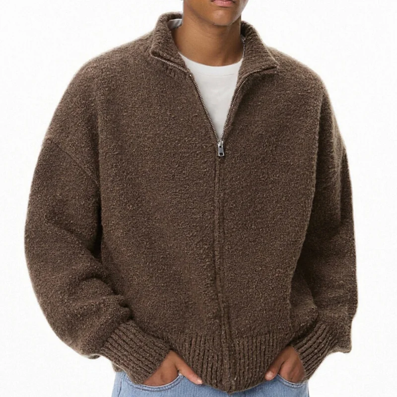 

Men's Brown Zip-Up Cardigan Sweater, 2025 Winter New Loose and Comfortable Knitted Top