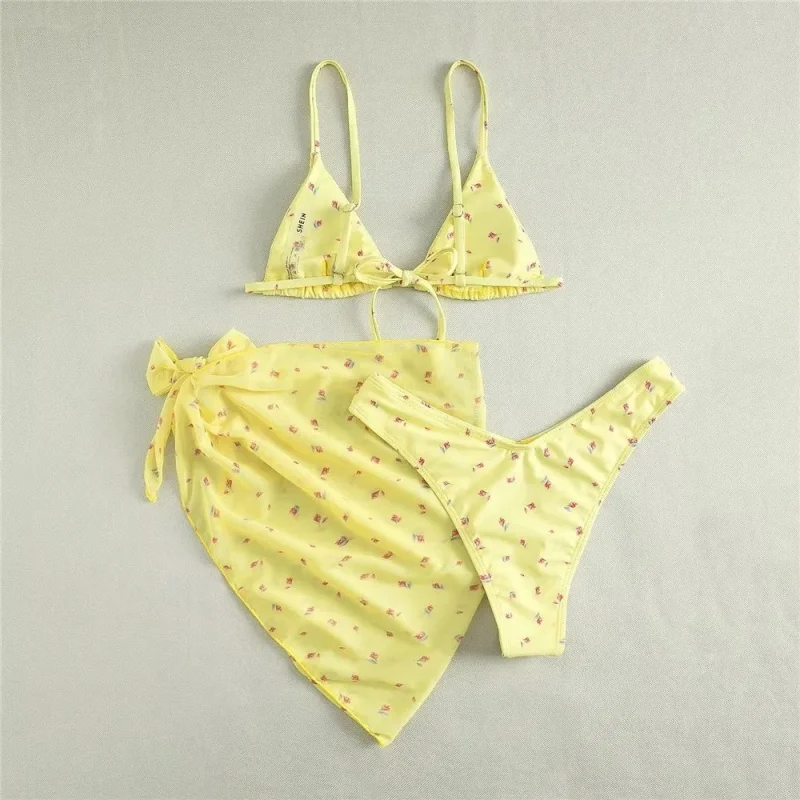 Sexy Floral Printing 3 Piece Bikini Set Women Split Triangle Swimsuit Bandage Mesh Cover Up Swimwear 2025 New Vacation Beachwear