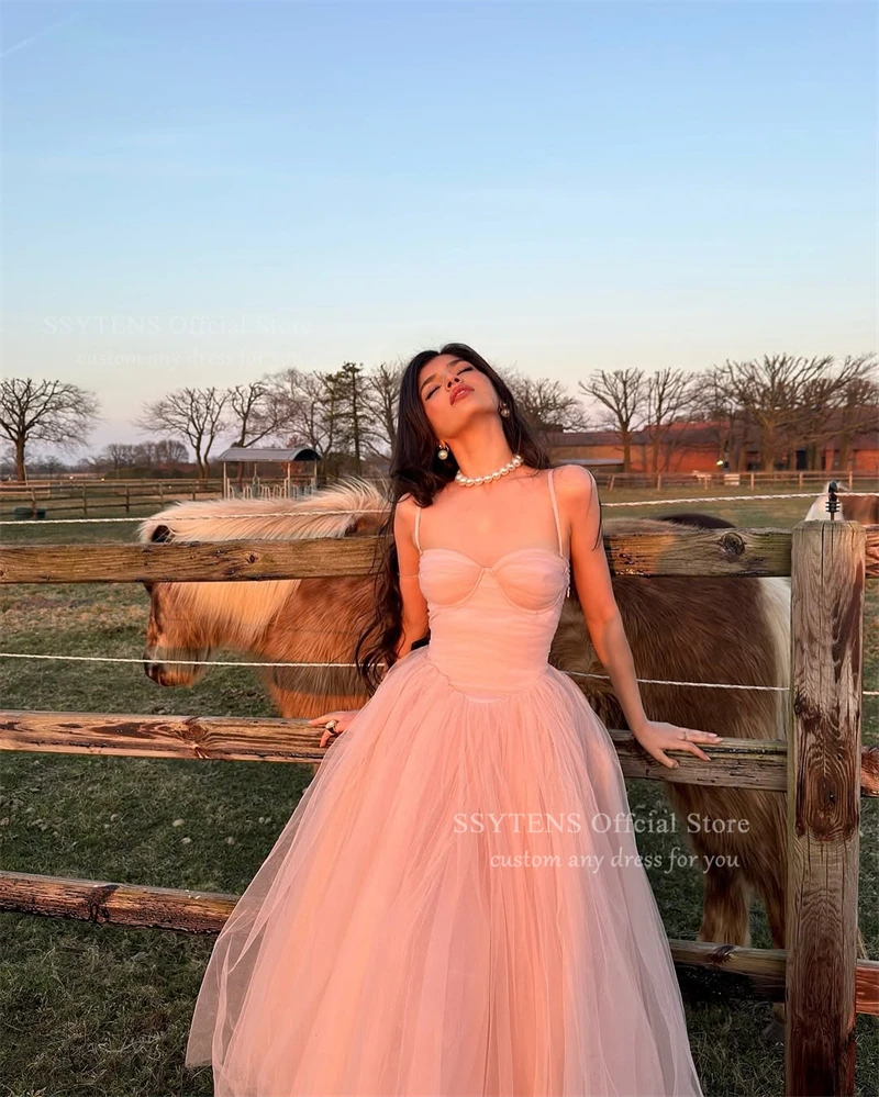 Ssytens blush rosa tule vestidos de baile alças espaguete quinceanera vestidos de baile comprimento chá sem mangas vestidos de festa personalizados