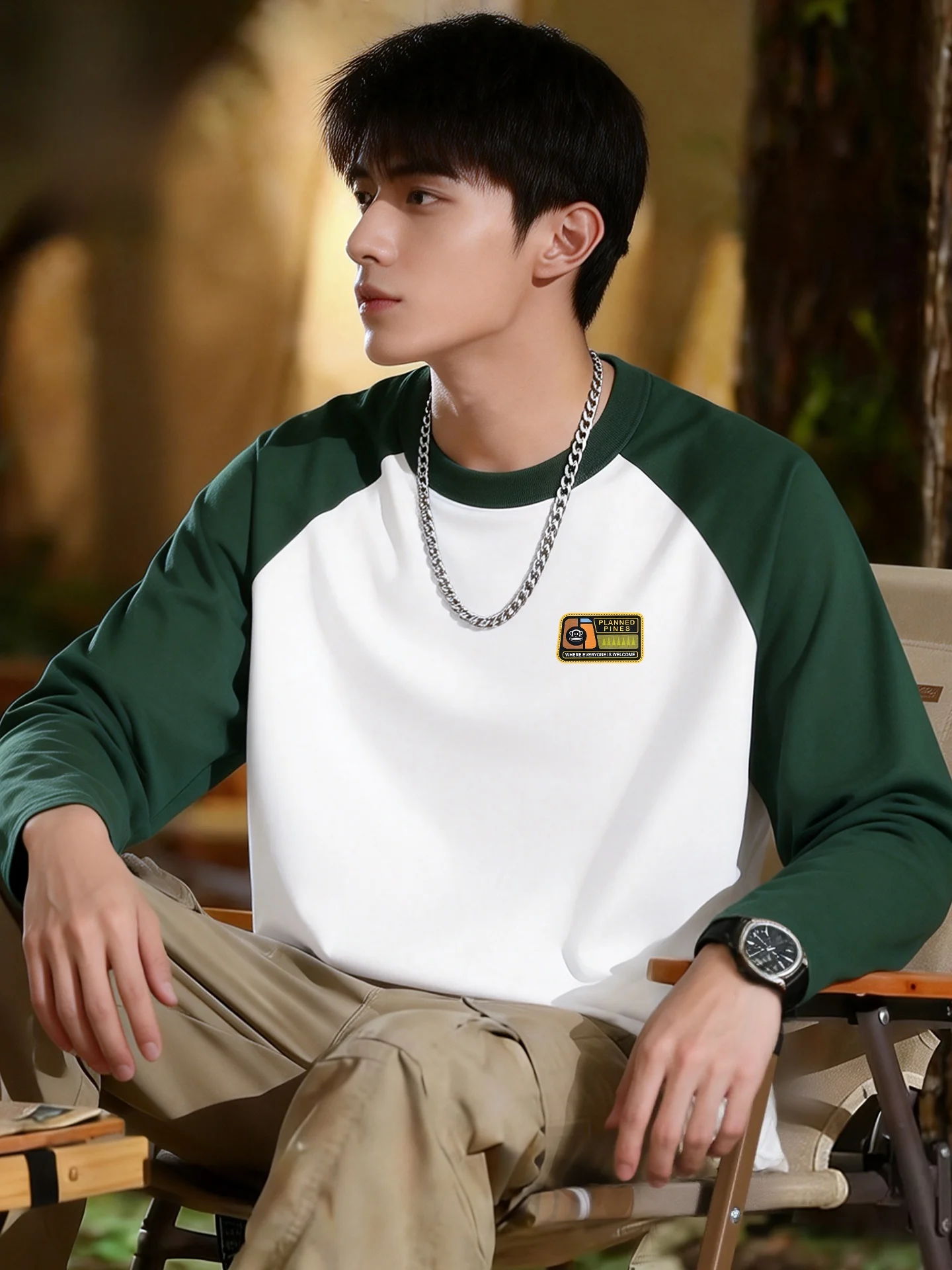 

Ретро-футболка из чистого хлопка с длинным рукавом, с вставками на плечах, в американском стиле, цвета хаки, дышащая, устойчивая к скатыванию.