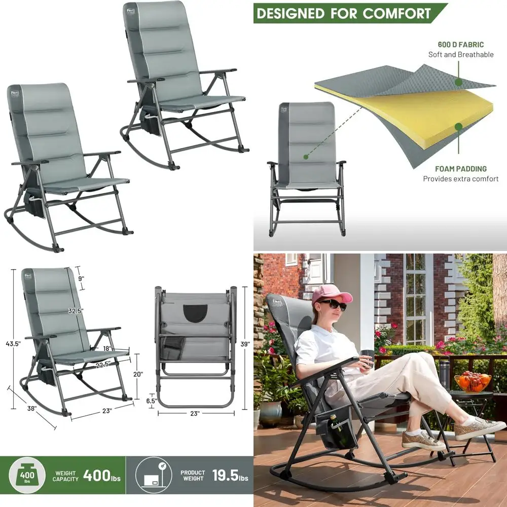 كرسي هزاز مبطن كبير الحجم محمول للتخييم في الهواء الطلق، هزاز عالي الظهر قابل للطي مع راحة للاستخدام في الفناء