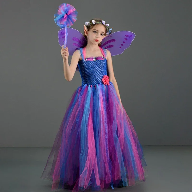 Girls Halloween Fairy Costume Kids Tulle Dress Set with Wings Headband Elf Ears for Toddler Cosplay Party Holiday Outfit