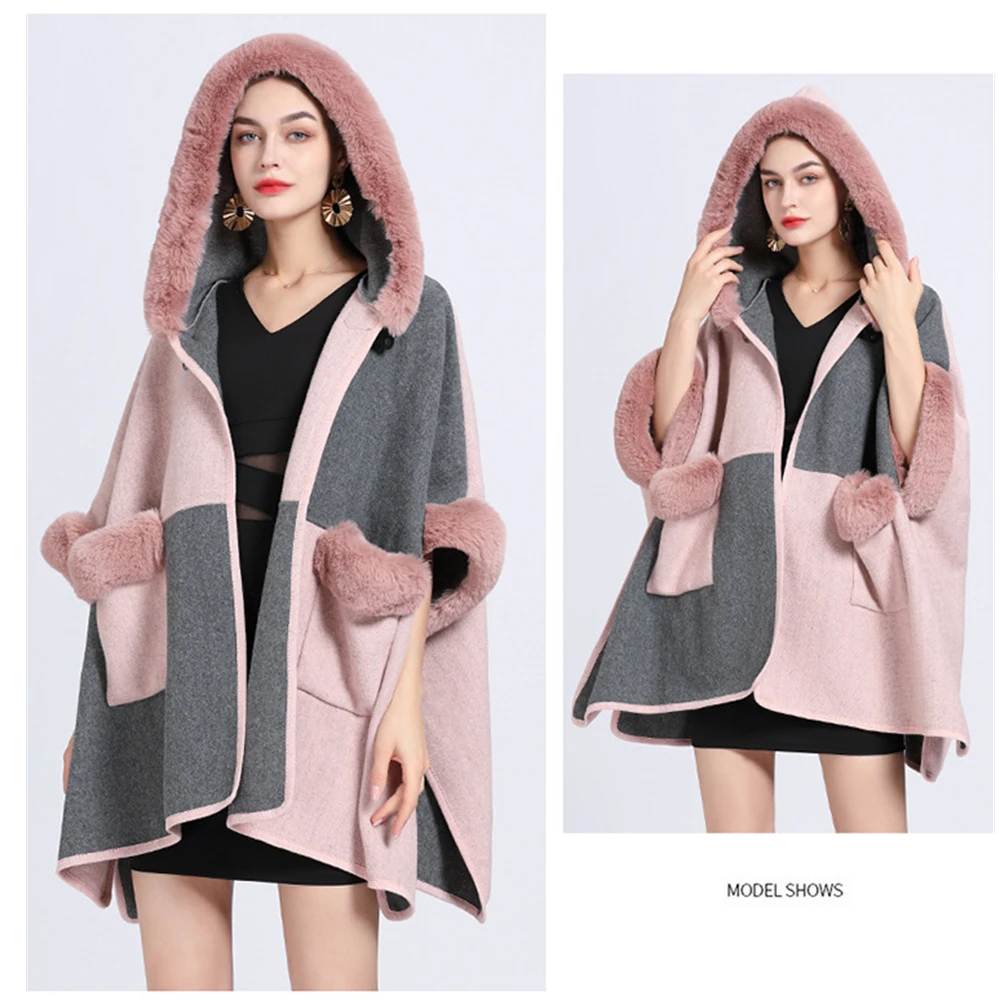 Women Rex Rabbit Faux Fur Shawl Lady Cashmere Feel Woolen Coat Winter Elegant Hoodie Wrap Luxury Warm Overcoat Cloak with Pocket