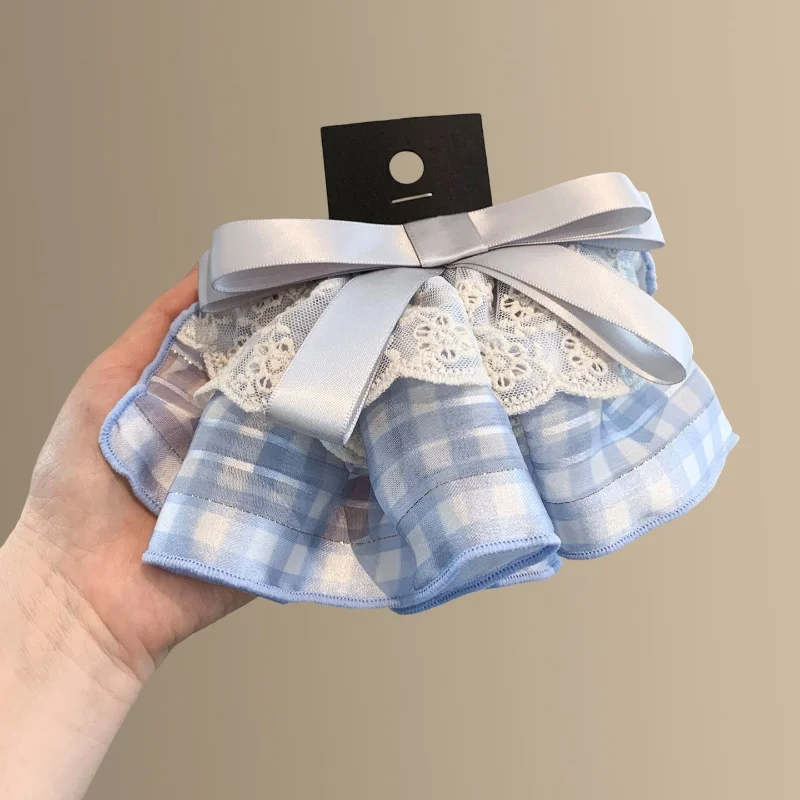 Blue Letter Love Letter _ Korean Blue Lace Grid Bow Spring Clip Exquisite Satin Skirt Tail Clip Pan Dress Accessories