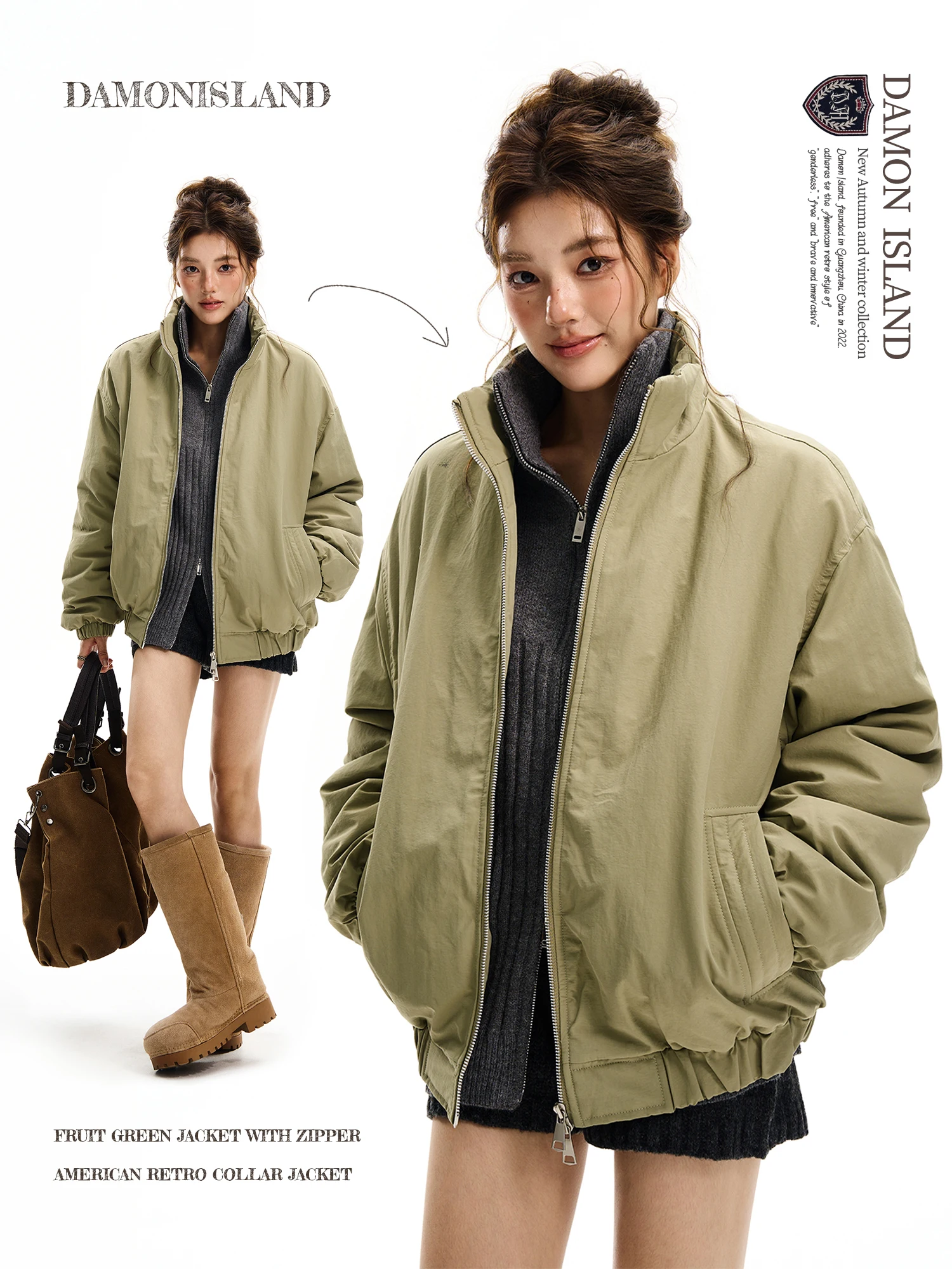 

Damon Island Original Thiened Cotton Jaet Women's American Cleanfit Versatile Loose Cotton Clothes Winter Outerwear