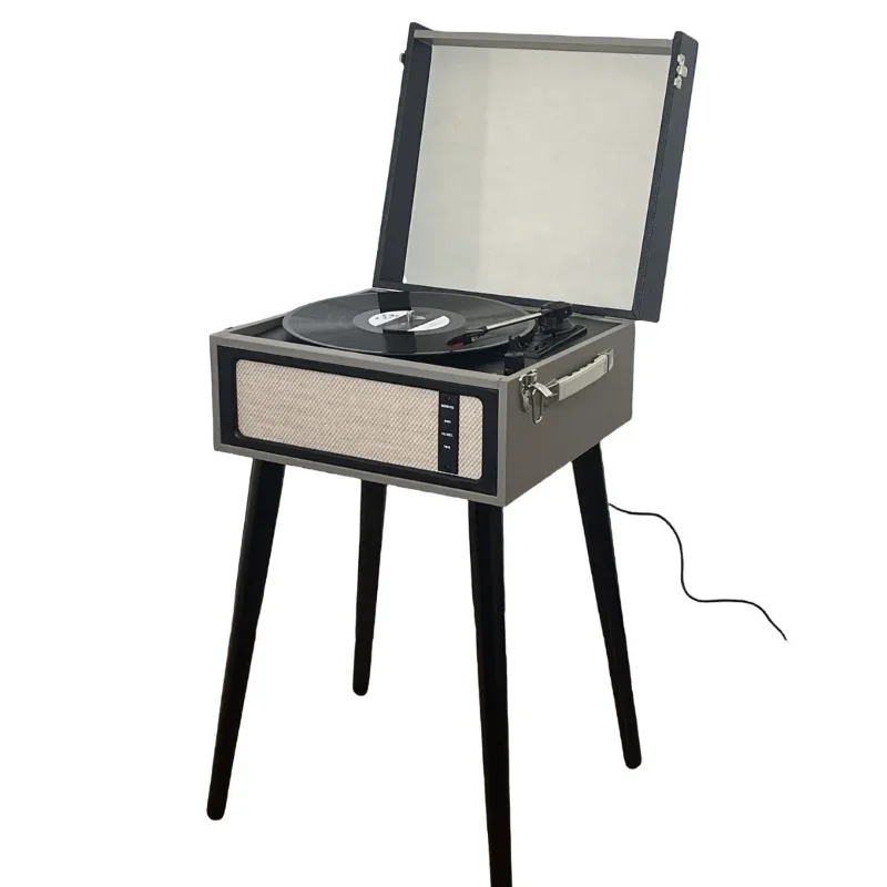 

Floor-to-ceiling vinyl record player, four-legged stool, retro phonograph, wireless bluetooth speaker, wooden home audio