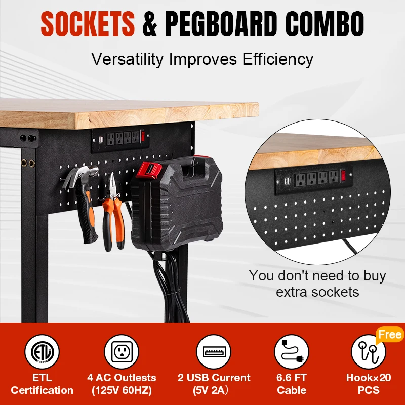 60”×22” Heavy-Duty Workbench with Wheels,Adjustable Worktable 2000 LBS Load Capacity Rubber Wood Table Work Bench for Garage