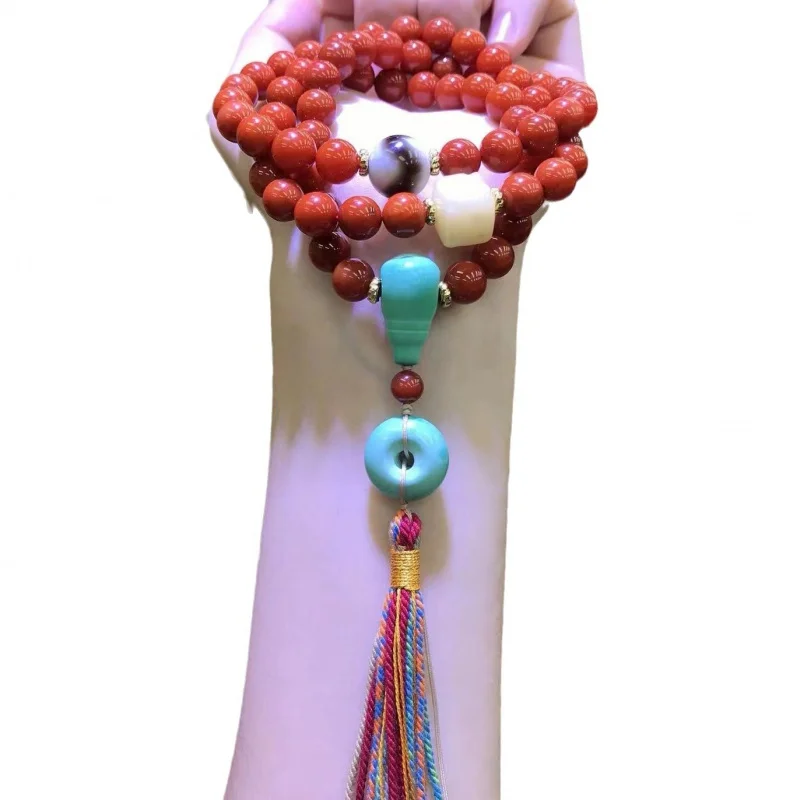 Southern Red Agate Multi-Circle Bracelet Turquoise Bread Buckle Hand-Knitted Tassel Prayer Beads Jewelry