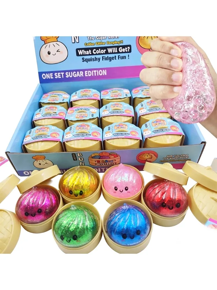 Neuer Glitzer-Dumpling-Squishy mit Box – Sensorischer Dampf-Dumpling aus weichem Teig für Entspannung, Fidget-Spielzeug, Stressabbau-Geschenk