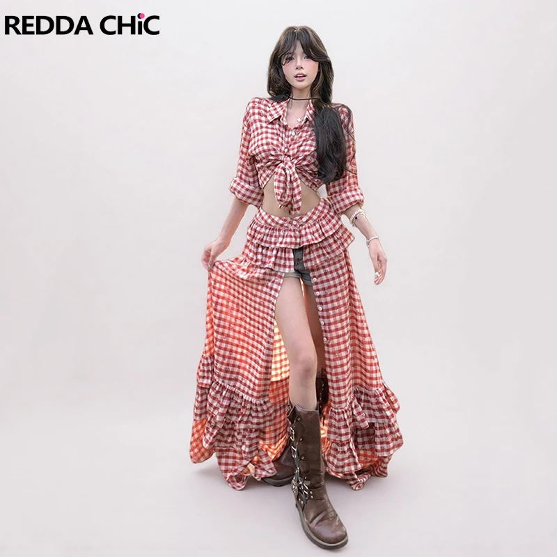 

REDDACHiC Romantic Rose Top Skirt for Women Checkered Tie Front Shirt Split Long Ruffle Skirt Beach Holiday Summer Matching Set