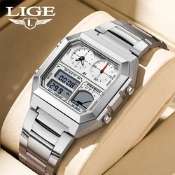 LIGE New Fashion Casual Watch Men Digital Dual Time Week Gold Sport 3Bar Waterproof Quartz Wristwatches Clock relogio masculino