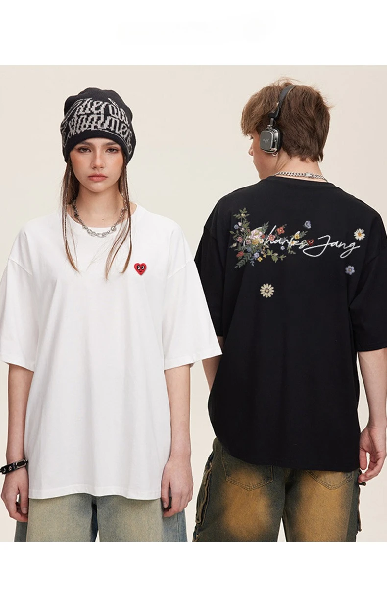 

2025 Charles Peach Heart American Cotton Short-sleeved T-shirt Printed Summer Flower Pattern Unisex Loose Versatile Cycling Top