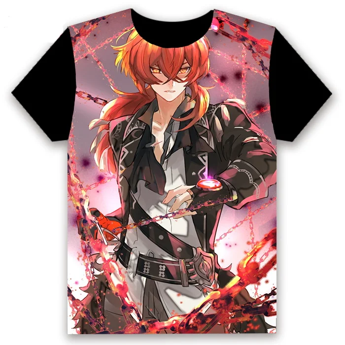 Cute T-shirt Anime Game Genshin Impact Diluc Ragnvindr Cosplay Short Sleeve Unisex Fashion Black Tee Tops Women Men Summer Shirt