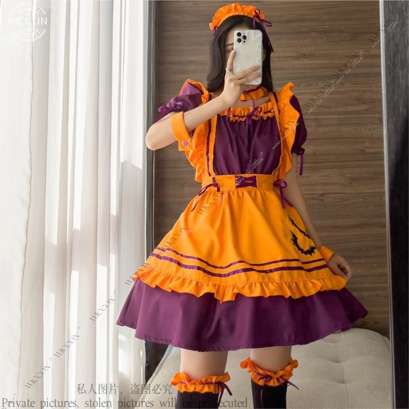 Halloween Maid Cosplay Costume Dress Apron Headwear Sleeve Necklet Legwear Woman Adult Kid Maid Uniform Role Play Stage Costume