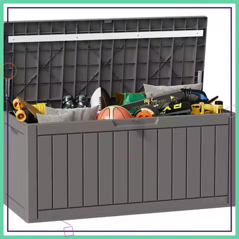 90 Gallon Outdoor Storage Box, Waterproof Resin Deck Box with Lock, UV Resistant for Patio Cushions &amp; Garden Tools