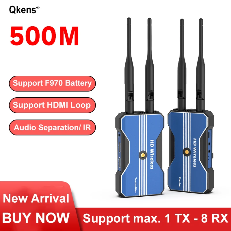 Extender HDMI Nirkabel 500M, Transmitter & Receiver Audio Video dengan Slot Baterai untuk Kamera, Live Streaming, Laptop, PC, TV, Monitor