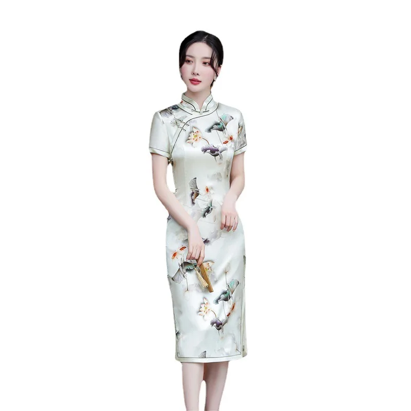 High Quality Real Silk Cheongsam Qipao Women's 2024 New Summer Daily Chinese Oblique Placket Vintage Dress