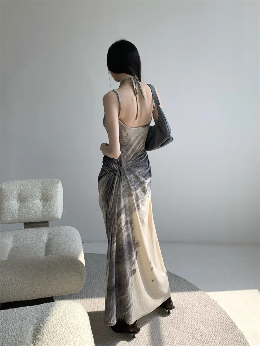 CHEERART Tie Dye Luxury Designer Long Halter Dresses For Women 2023 Summer Backless Ruched A Line Maxi Dress Fashion Clothing