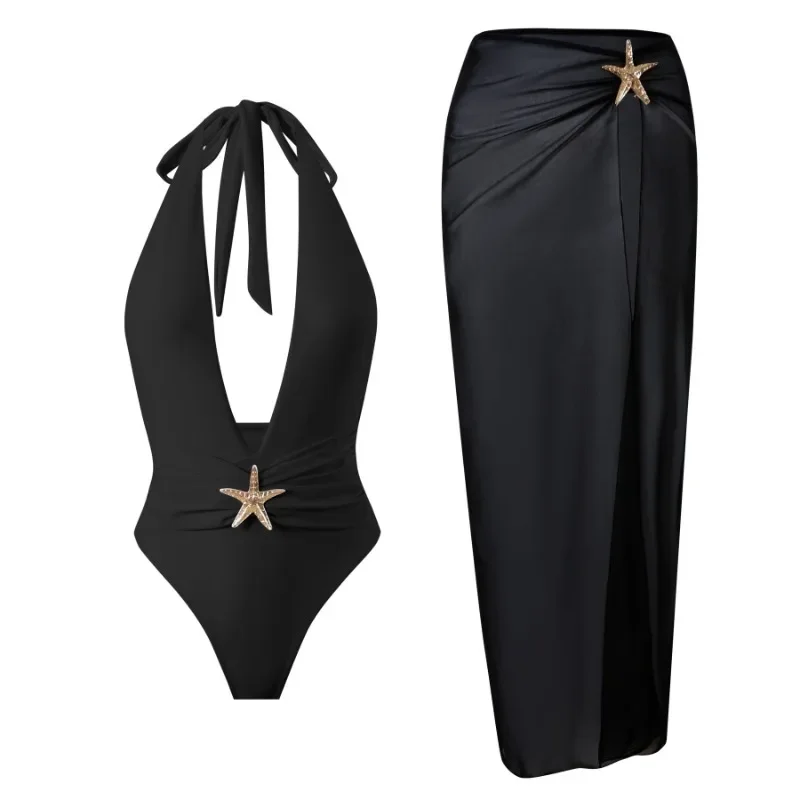

2025 Summer Holiday Beach 2 Piece Set Women Sexy Metal Starfish V-neck Lace Up Halter Backless Bodysuits Top + Split Maxi Skirts