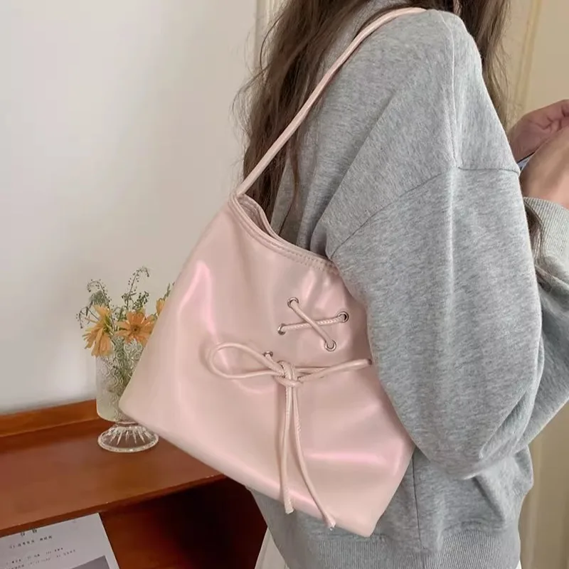 1 Pc Sweet Student Handbag for Girl Chic Elegant Pink Beige Color Bowknot Shoulder Bag Korean Fashion Makeup Phone Earphone Bag