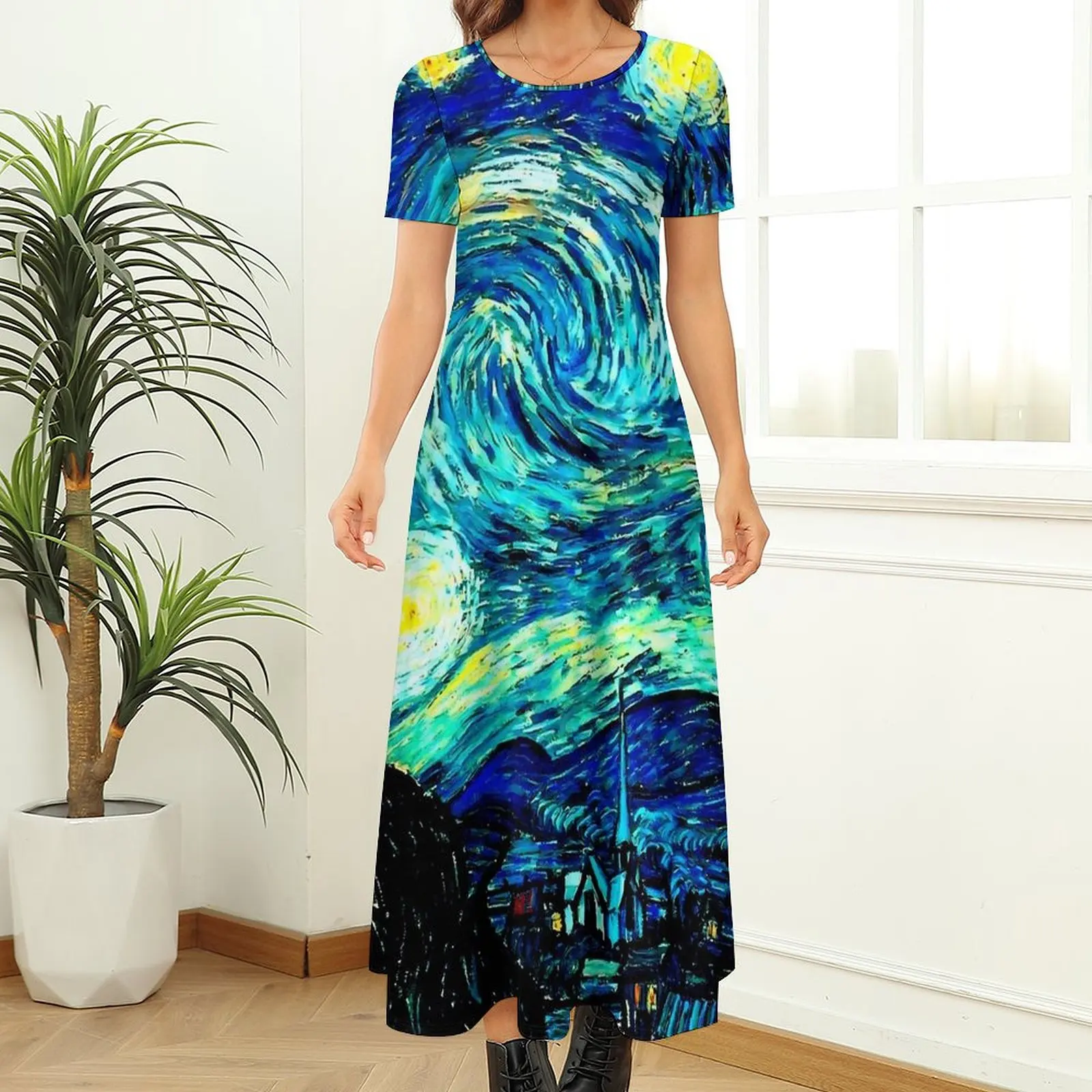 Starry Night Famous Painting Dress Vincent Van Gogh Party Maxi Dress Street Style Bohemia Long Dresses Women Oversized Vestido