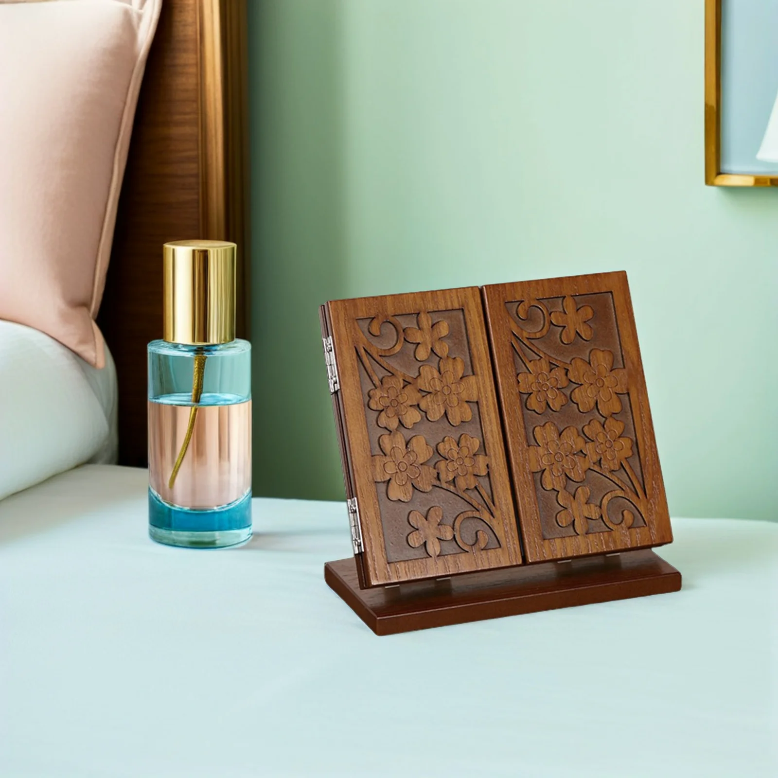 1 szt. Drewniane lusterko do makijażu z rzeźbionym wzorem, składane, trójstronne, biurkowe lusterko kosmetyczne, stabilna drewniana podstawa, czyste odbicie, do użytku domowego.